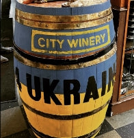 City Winery wine barrel painted in the Ukrainian flag colors