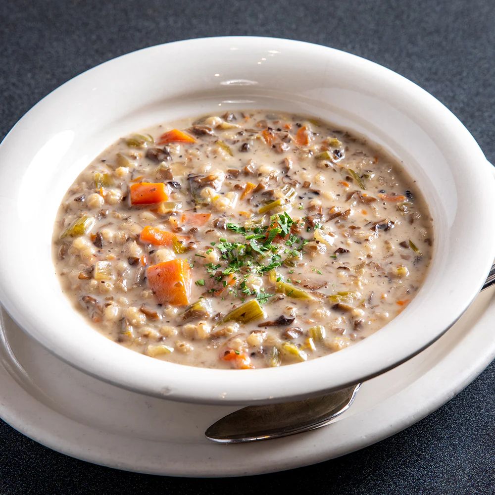 Mushroom Barley soup in a bowl 